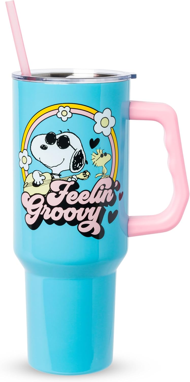 Silver Buffalo Disney Lilo and Stitch - Vaso de acero inoxidable de doble pared con asa y pajilla, diseño vintage, palmeras y flores, se adapta al portavasos estándar, 40 onzas
