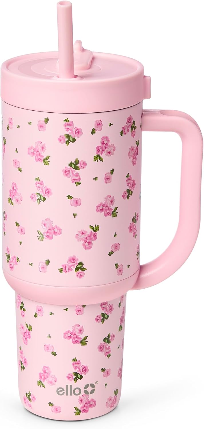 Ello Oasis - Vaso de 30 onzas con asa y pajita retráctil | Taza reutilizable de acero inoxidable aislada 100% a prueba de fugas, regalos para adolescentes, mujeres y hombres | Mantiene el frío durante