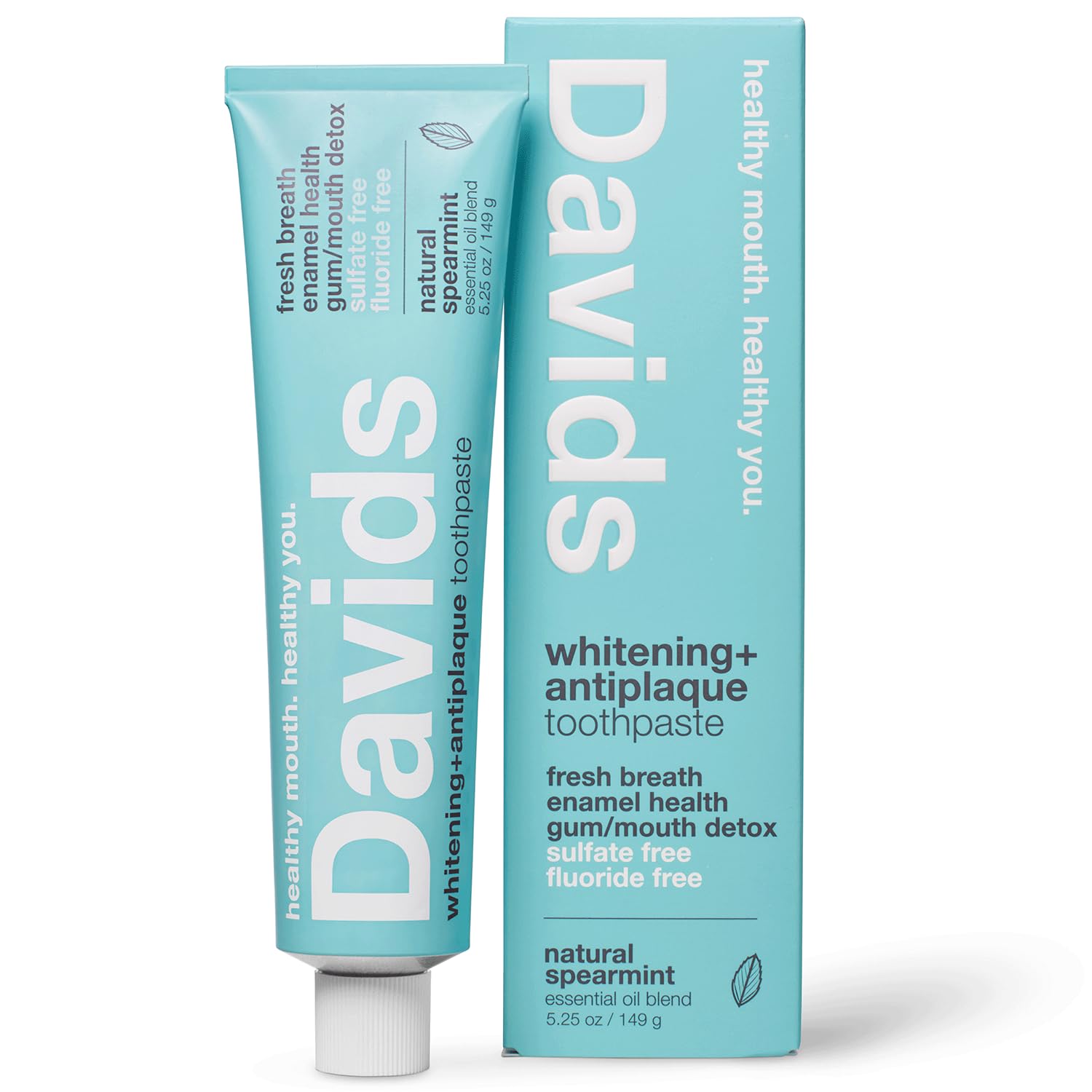 Davids Pasta de dientes sin flúor, blanqueamiento dental, antiplaca, sin SLS (sulfato), promueve la salud del esmalte, desintoxicación de boca y encías, verificado por EWG, menta verde natural, 5.25