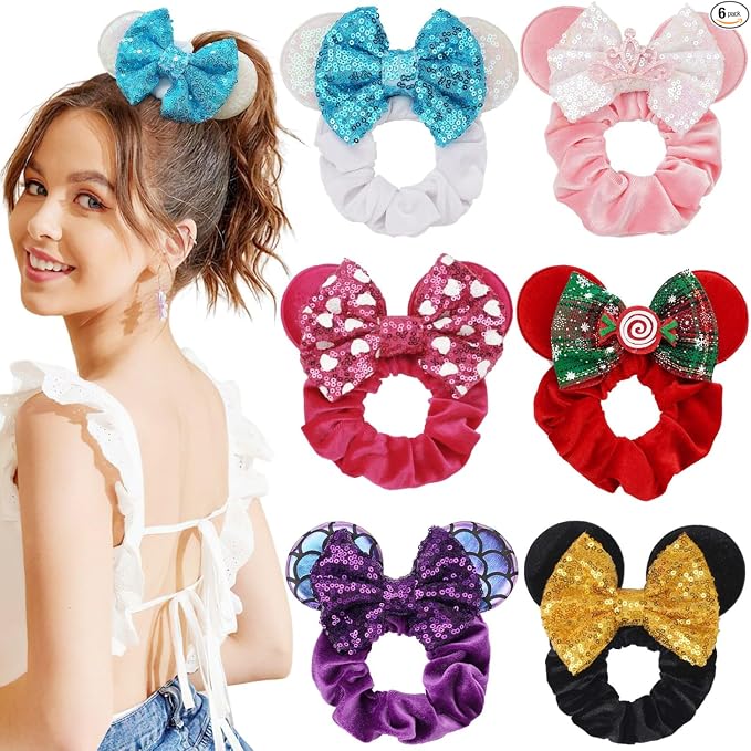 Paquete de 6 Coleteros con Orejas de Ratón, Lazos de Terciopelo con Lentejuelas Brillantes, Bandas Elásticas de Goma para Coletas, Lazos para el Cabello, Decoración para Fiesta de Navidad para Niños