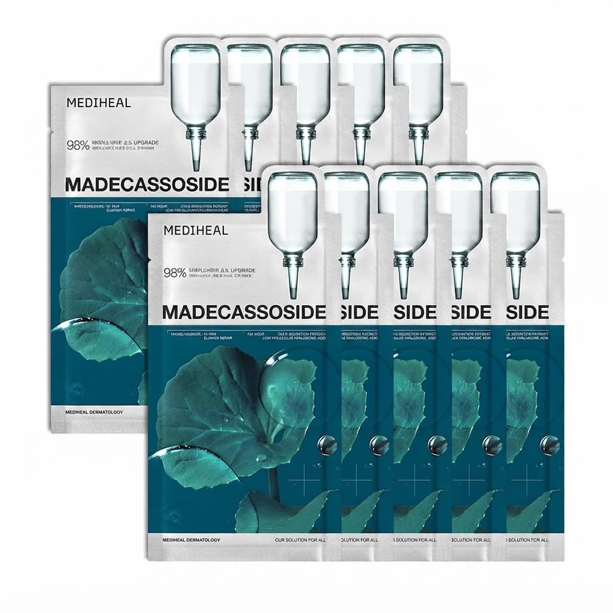 Mediheal Máscara de hoja esencial Madecassoside Reparación de imperfecciones 10 piezas. 98% pureza Madecassoside y ácido hialurónico incluidos. Mejora de la barrera de humedad y cuidado de la textura