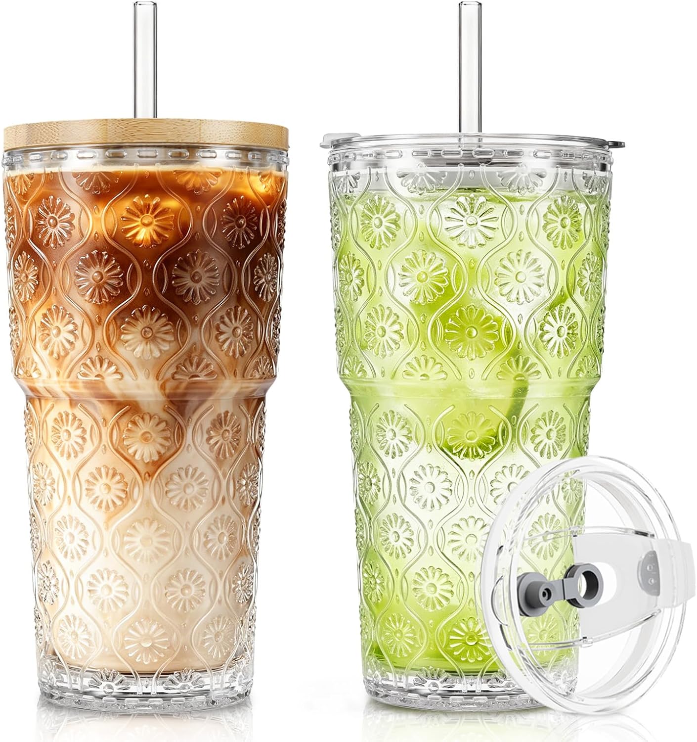 SoulTimes Juego de 2 vasos de vidrio acanalados y florales de 20 onzas, vasos de vidrio reutilizables con tapa y popote de vidrio, tazas de café helado para agua, batido, leche, cóctel y más, perfecto