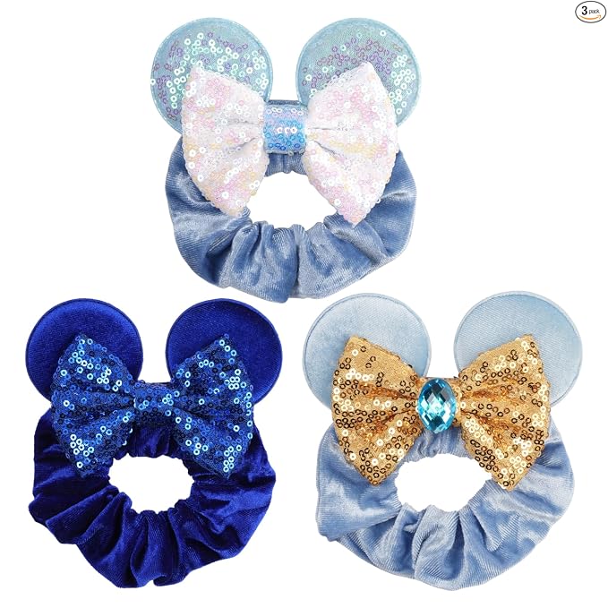 Coleteros de Cabello de Terciopelo con Lentejuelas Brillantes y Lazos de Orejas de Ratón - Paquete de 4 Accesorios Elásticos para el Cabello para Mujeres, Niñas, Niños, Cosplay, Vacaciones, Fotografía