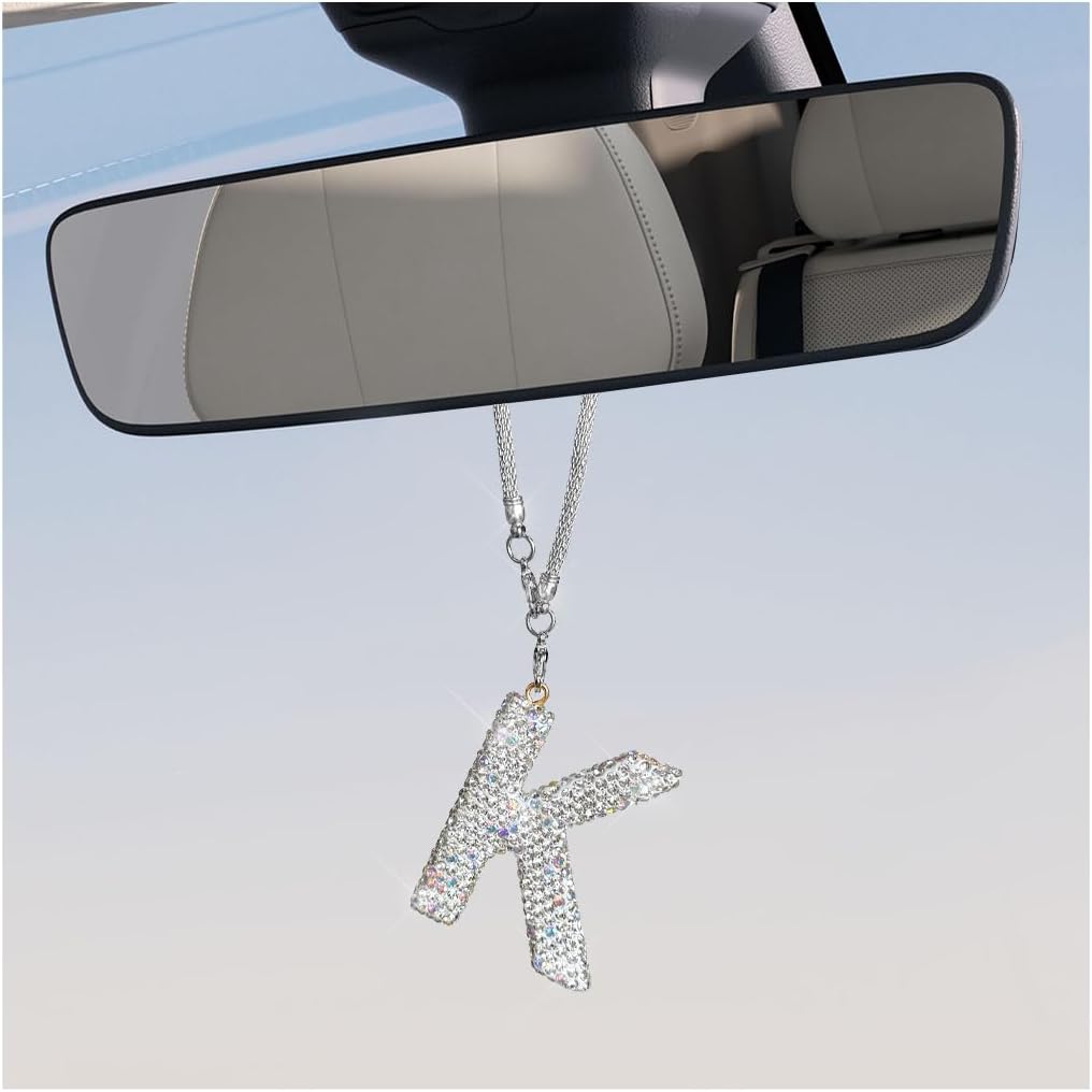 Adorno Inicial Brillante para Espejo Retrovisor de Automóvil, Bonito Colgante de Letra de Cristal, Colgador de Retrovisor de la Suerte, Accesorios para Colgar Espejo Automotriz, Decoración