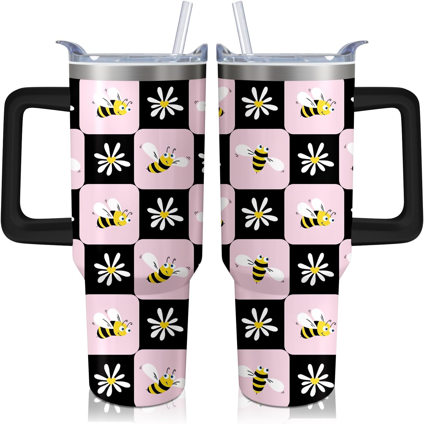 Vaso de rana de 40 onzas con asa y pajilla, taza aislada de acero inoxidable a cuadros búfalo con tapa, taza de café de viaje, botella de agua, regalos de cumpleaños para el día de la madre