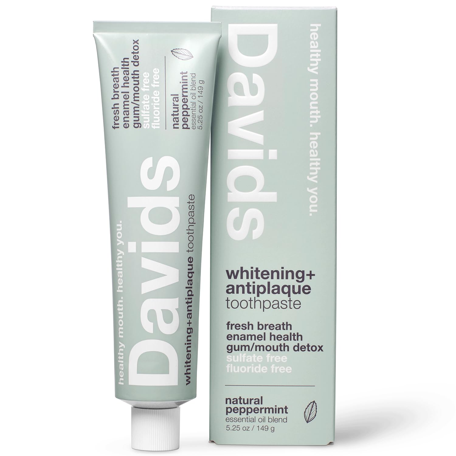 Davids Pasta de dientes sin flúor, blanqueamiento dental, antiplaca, sin SLS (sulfato), promueve la salud del esmalte, desintoxicación de boca y encías, verificado por EWG, menta verde natural, 5.25