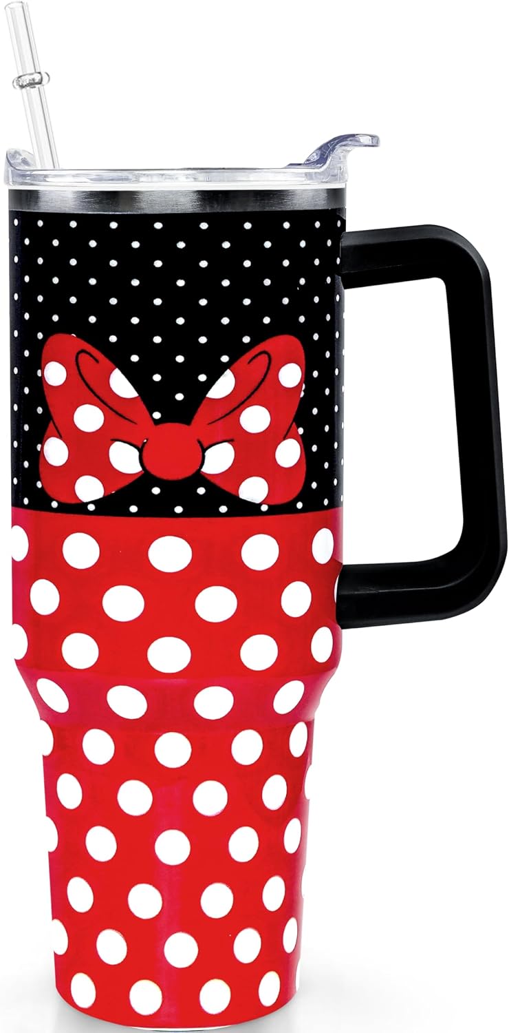 Vaso Tumbler de Ratón de Dibujos Animados de 40 Oz con Tapa y Pajita de Acero Inoxidable Aislado con Asa Lazo Taza de Café de Viaje - Regalo de Cumpleaños, Navidad