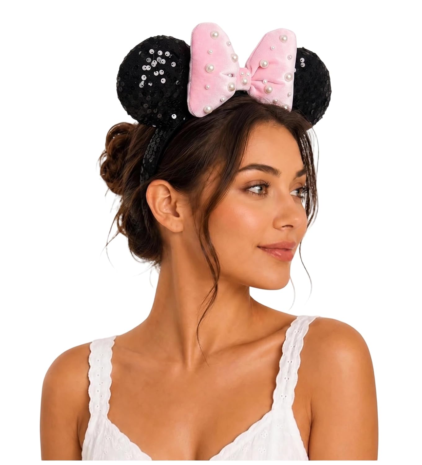 Diadema de terciopelo 3D con orejas de ratón con cuentas de perlas, lazo rojo con lentejuelas, diadema de fiesta en el parque para mujeres y niñas