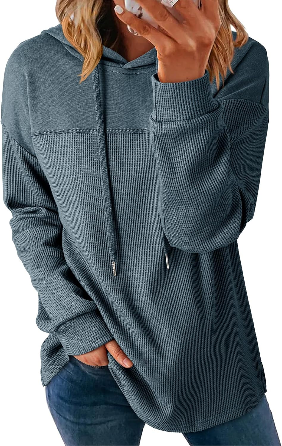 Dokotoo Sudaderas con capucha para mujer, de punto gofre, manga larga, con cordón, ligeras, con capucha