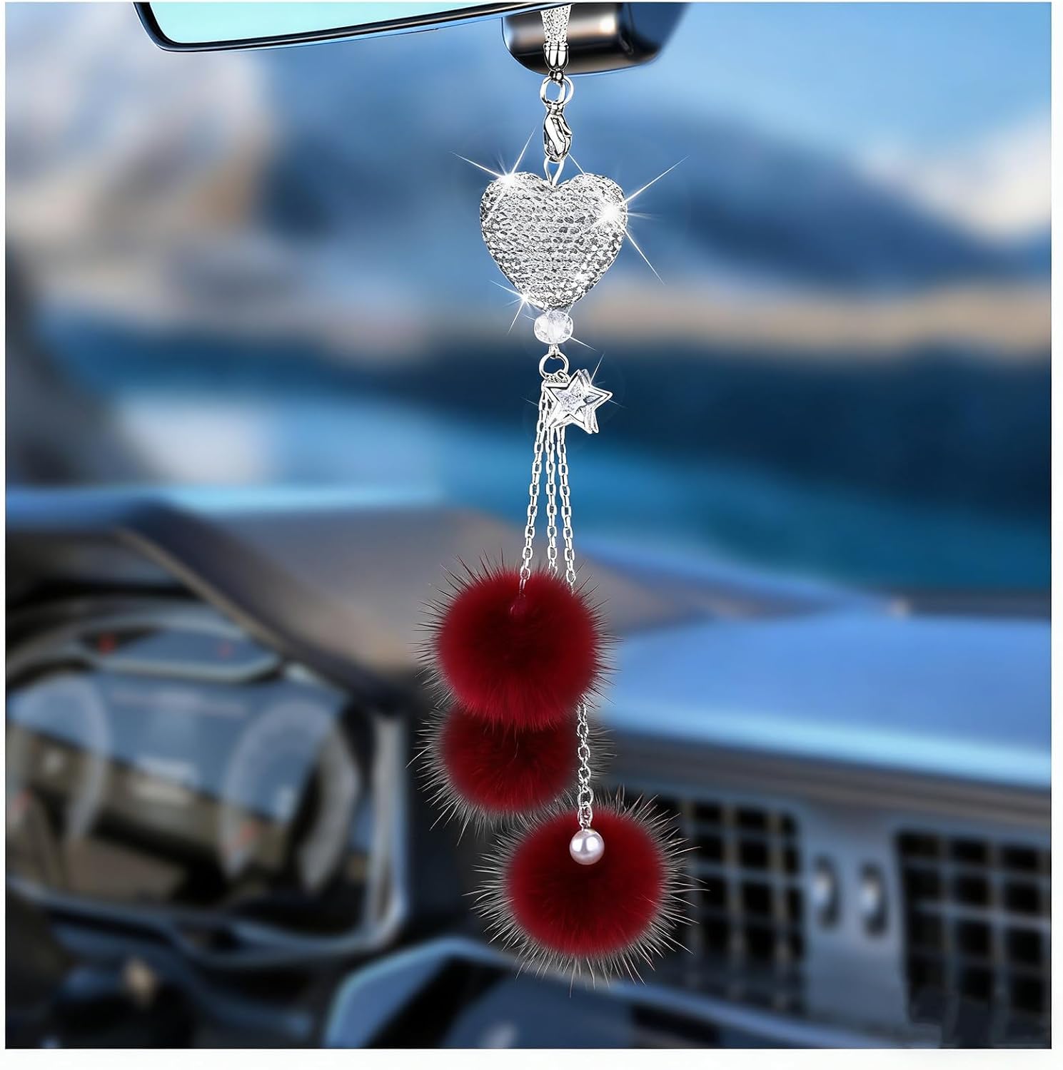 Adorno brillante para colgar en el automóvil, accesorios de espejo de automóvil para mujer, corazón de diamante y bola de felpa mullida, accesorios de automóvil para colgar, colgante para espejo