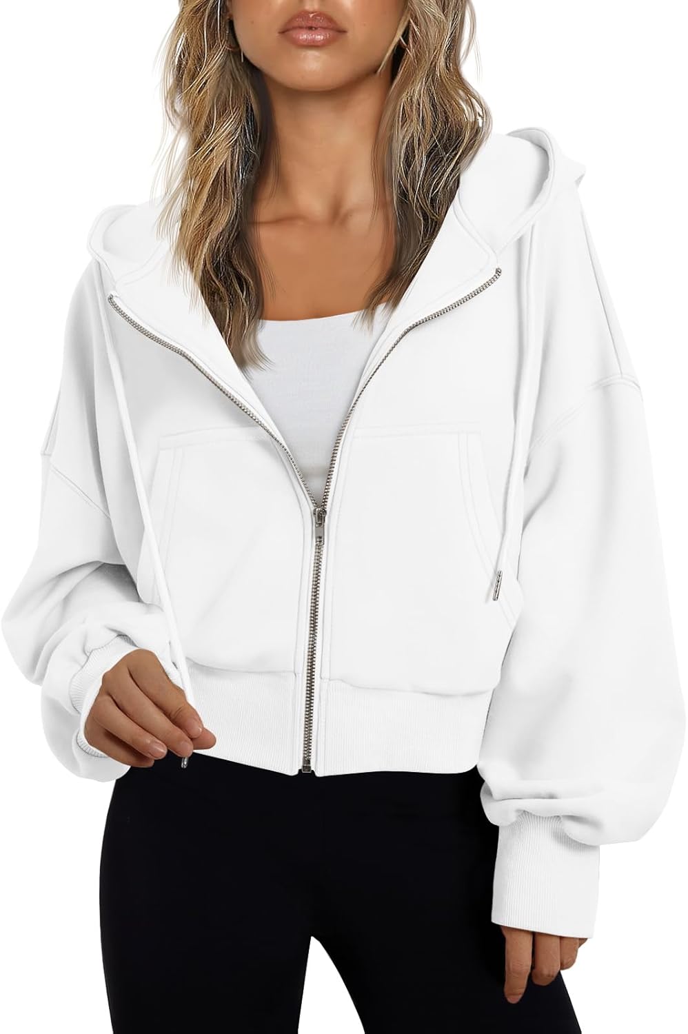 Trendy Queen Sudadera con capucha y cremallera para mujer, ligera, con hombros caídos, chaqueta atlética casual