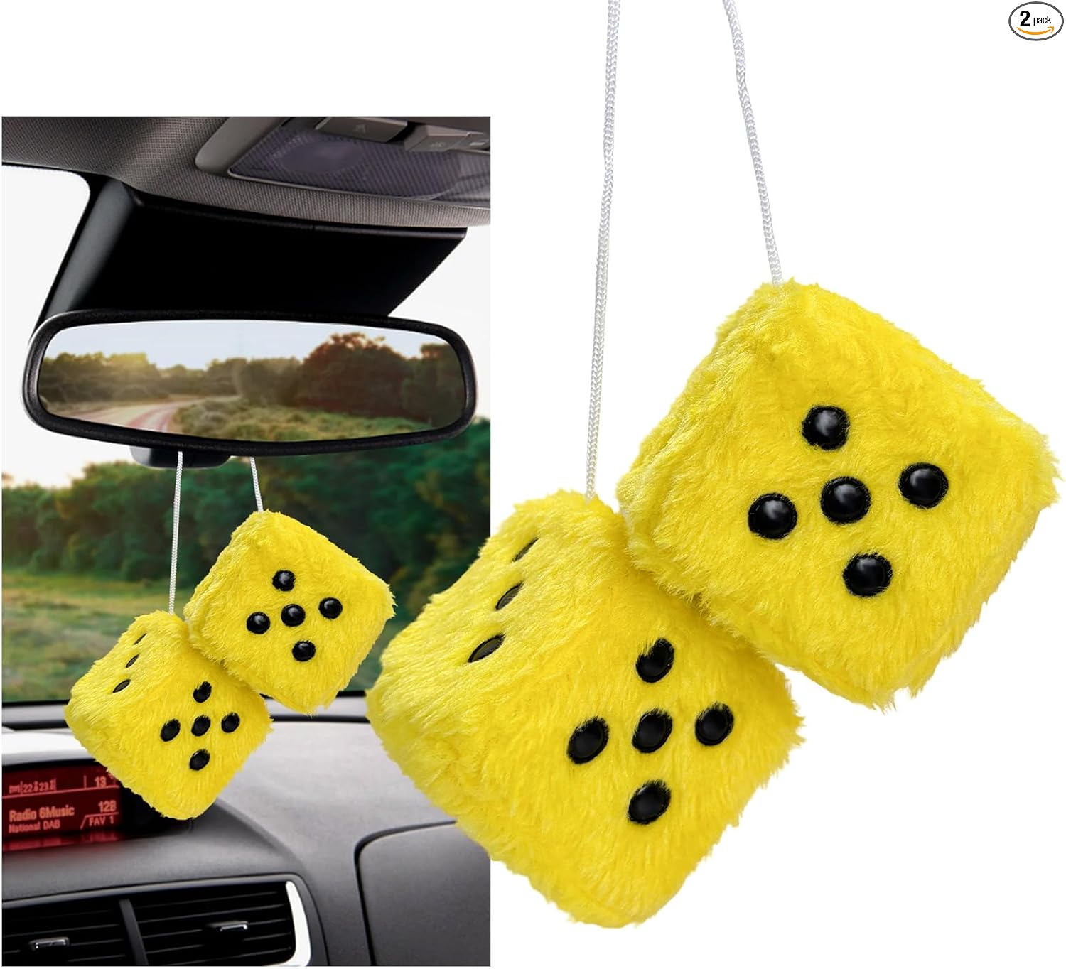 2 dados de felpa mullidos con puntos, decoración cuadrada retro de 3 pulgadas, lindo colgante de espejo retrovisor, dados de felpa suave, adorno clásico para colgar en interiores de automóvil