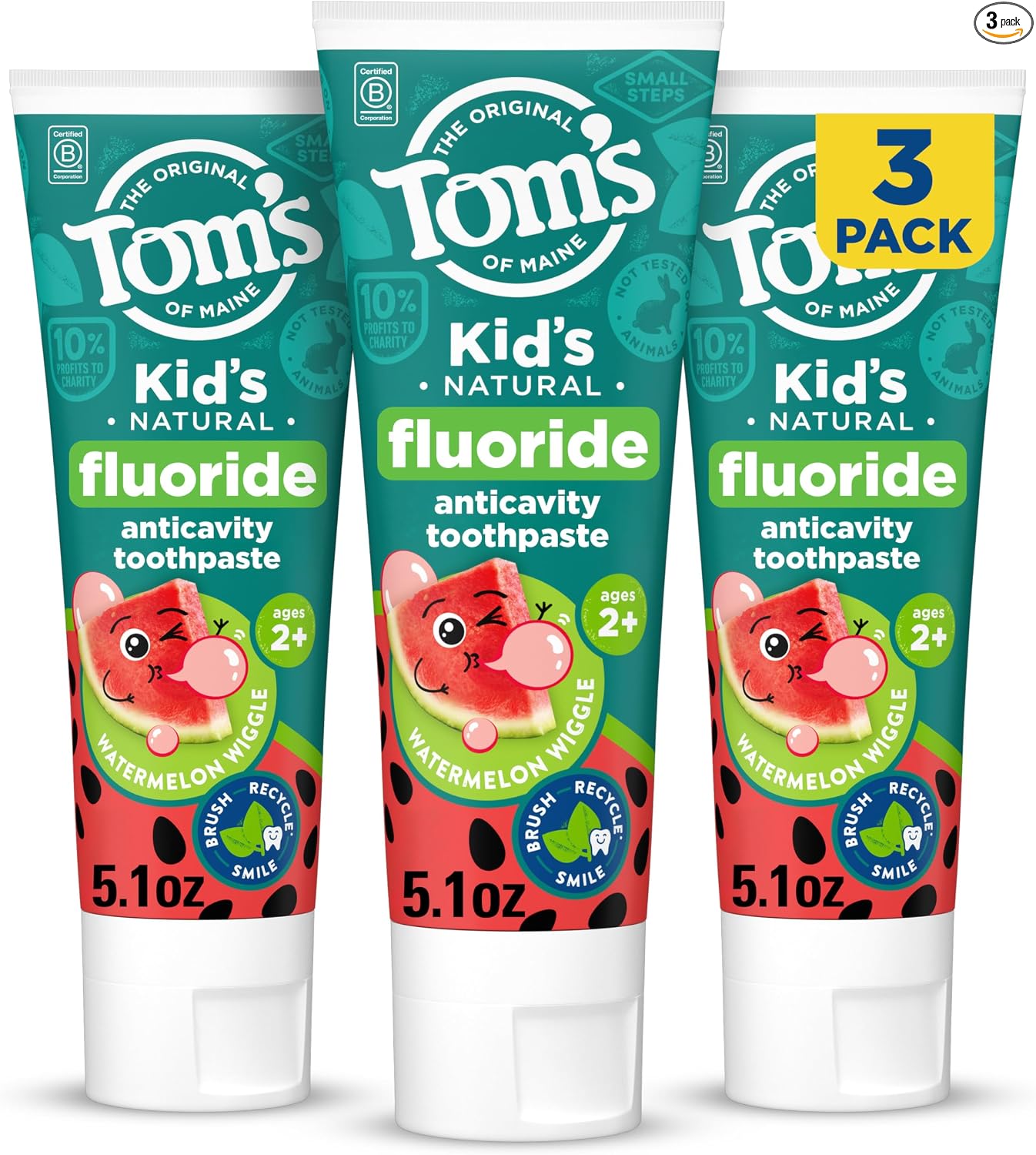 Tom's of Maine Pasta dental con flúor aprobada por la ADA, pasta de dientes natural, sin tintes, sin conservantes artificiales, fresa tonta, 5.1 onzas, paquete de 3 (el embalaje puede variar)