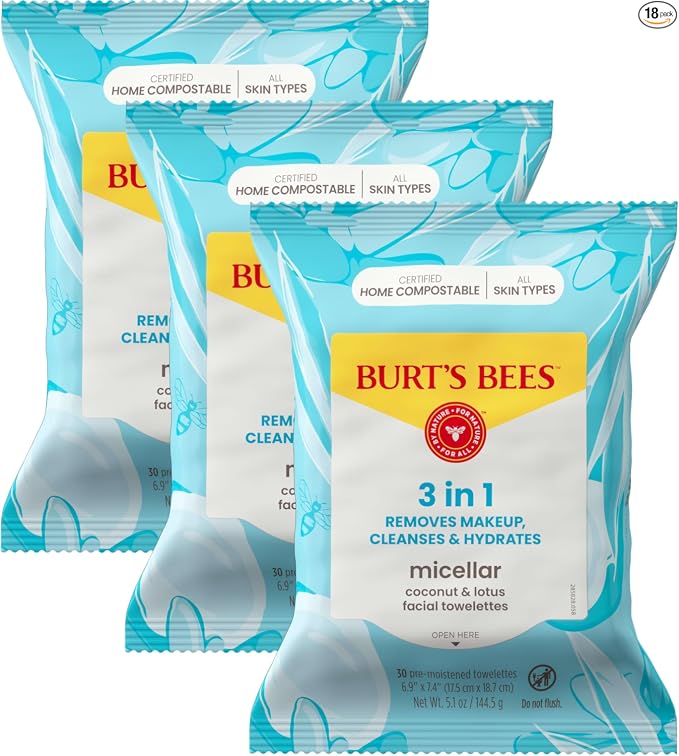 Burts Bees - Toallas faciales micelar de agua de rosas, 100% tela a base de plantas; 99% origen natural; quita el maquillaje, limpia, hidrata; sin residuos grasos y grasos; todo tipo de piel; 30 unidades, paquete de 3 (paquete puede variar)