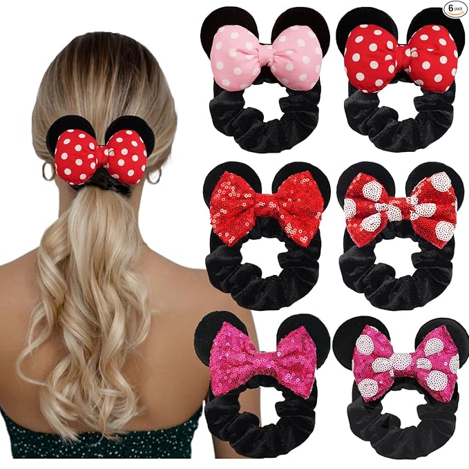 Paquete de 6 Coleteros con Orejas de Ratón, Lazos de Terciopelo con Lentejuelas Brillantes, Bandas Elásticas de Goma para Coletas, Lazos para el Cabello, Decoración para Fiesta de Navidad para Niños