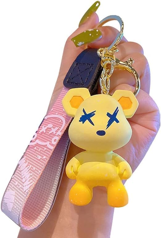 [LeChengMM] Men Women Keychain,Cute Bright Color Bear Keychain,Idea Braided Rope Resin Animal Pendant,Metal Keychain