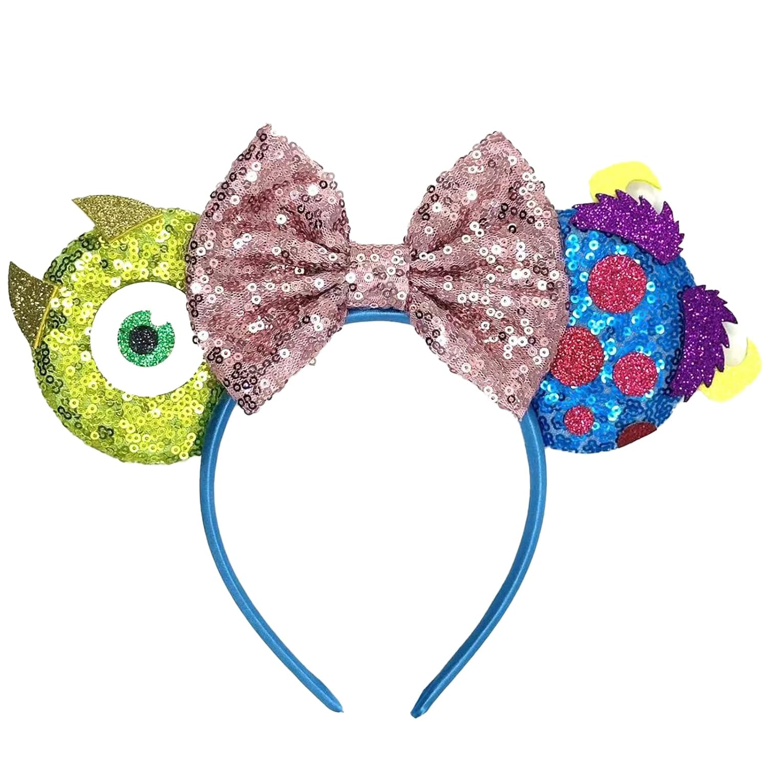 Diadema con orejas de ratón - Banda para el pelo con purpurina para fiestas en parques temáticos, blanco, verde, 1 recuento (paquete de 1)