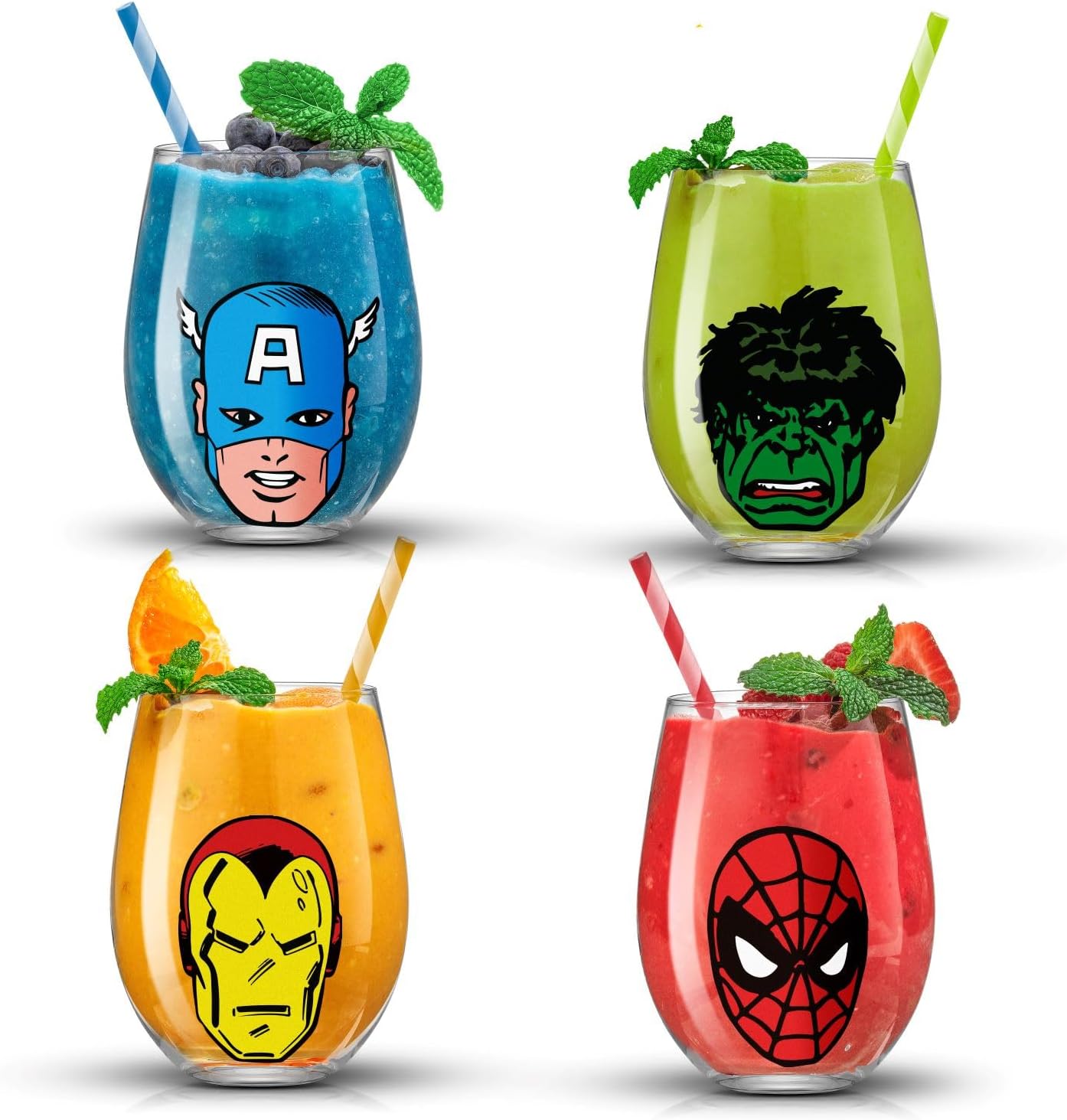JoyJolt Disney Mickey Mouse Squad Collection Vasos Tumblers. Juego de 4 Copas de Vino sin Tallo de 15 onzas, Vasos sin Tallo para Beber. Artículos de regalo, Juego de Copas de Vino de Mickey Mouse