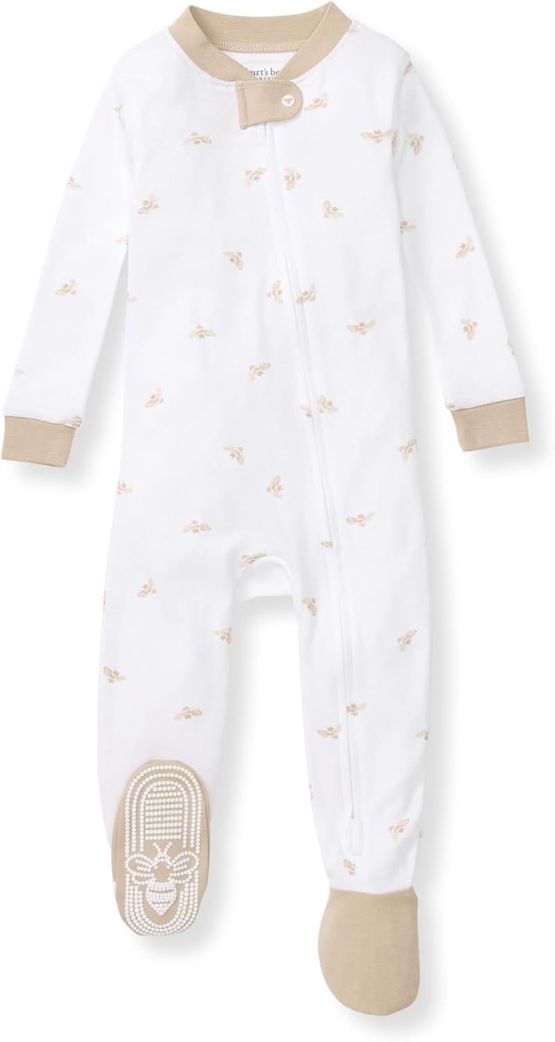 Burt's Bees Baby Pijama de algodón orgánico para niños, ajuste cómodo con pies | Convenient 2-way zip front sleeper pajama is equipped with non-slip bee grips for active littles on the move