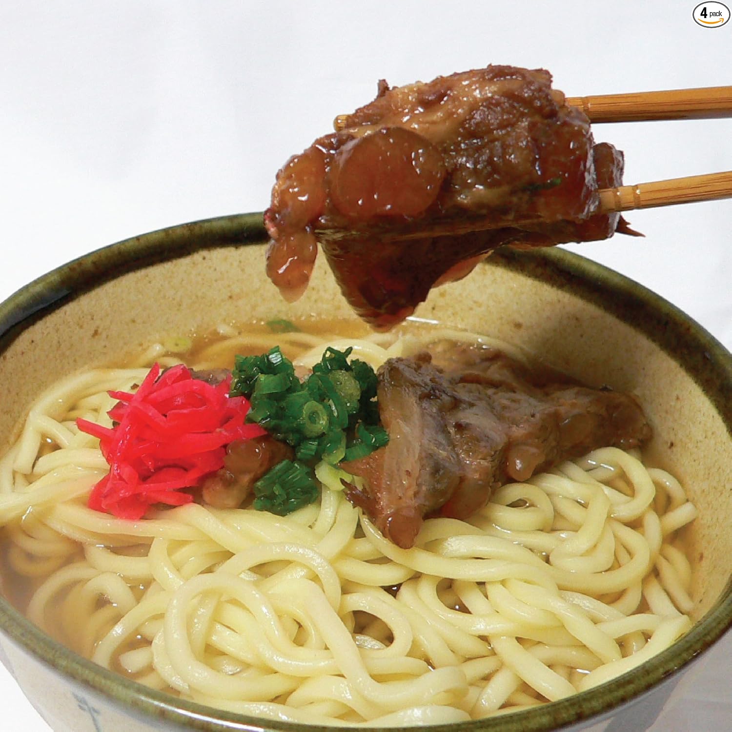 Grilled Soft Cartilage Pork Belly Soba 4-Person Set Okinawa Soba 【Dry Noodles】 with Bonito Pork Bone Soba Broth, Grilled Soft Cartilage Pork Belly, Red Ginger, and Curry Sauce Included Okinawa's Soul