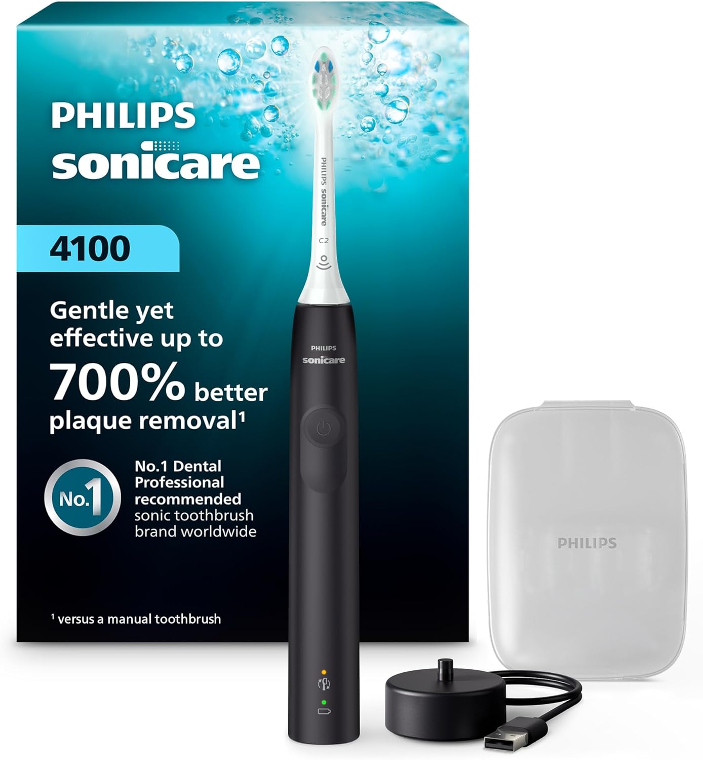 Philips Sonicare 4100 HX3681/24 - Cepillo de dientes eléctrico recargable con sensor de presión, color negro