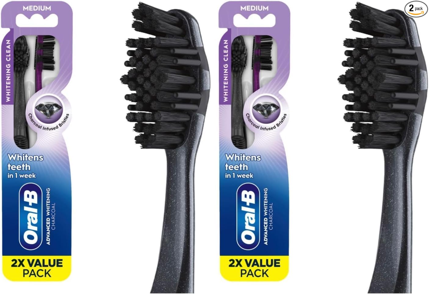 Oral-B - Cepillo de dientes manual 3D de carbón blanco, paquete de 2, cerdas medianas, cepillos blanqueadores de dientes para adultos