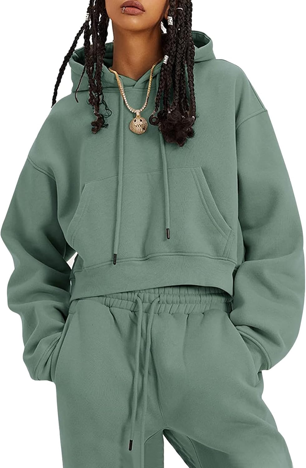 Flygo Conjunto deportivo de 2 piezas de forro polar para mujer, sudadera corta, sudadera y pantalones deportivos