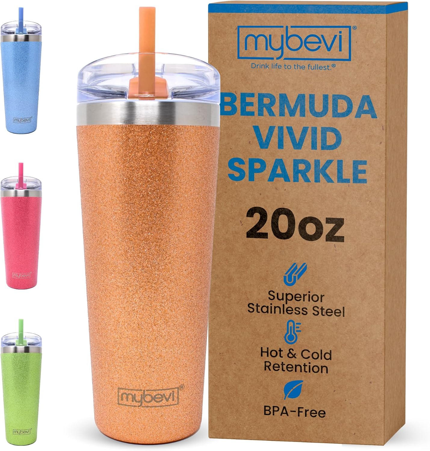 MyBevi Bermuda Vivid Sparkle - Vaso de acero inoxidable aislado con tapa, doble pared sellada al vacío, taza de viaje apta para soportes de automóvil, 20 onzas, verde menta