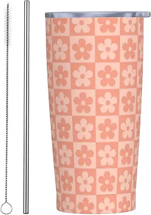 Vaso de 20 onzas con tapa y popote para mujer, diseño floral retro, con aislamiento, diseño floral retro, diseño de flores moradas, de acero inoxidable, taza de viaje al vacío de doble pared