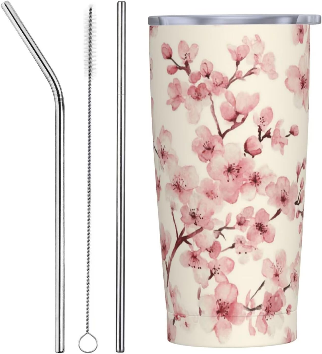Vaso aislado de acero inoxidable de 20 onzas con tapa y pajilla, diseño vintage de mariposas florales, acuarela, taza de café, té, vino, botella de agua para mujeres y hombres