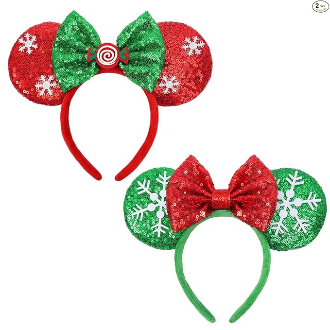ETLUK 2 diademas de orejas de ratón de crucero, orejas de lentejuelas brillantes con ancla y lazo para mujeres y niñas, accesorios brillantes para el cabello de fiesta para parque temático y cosplay