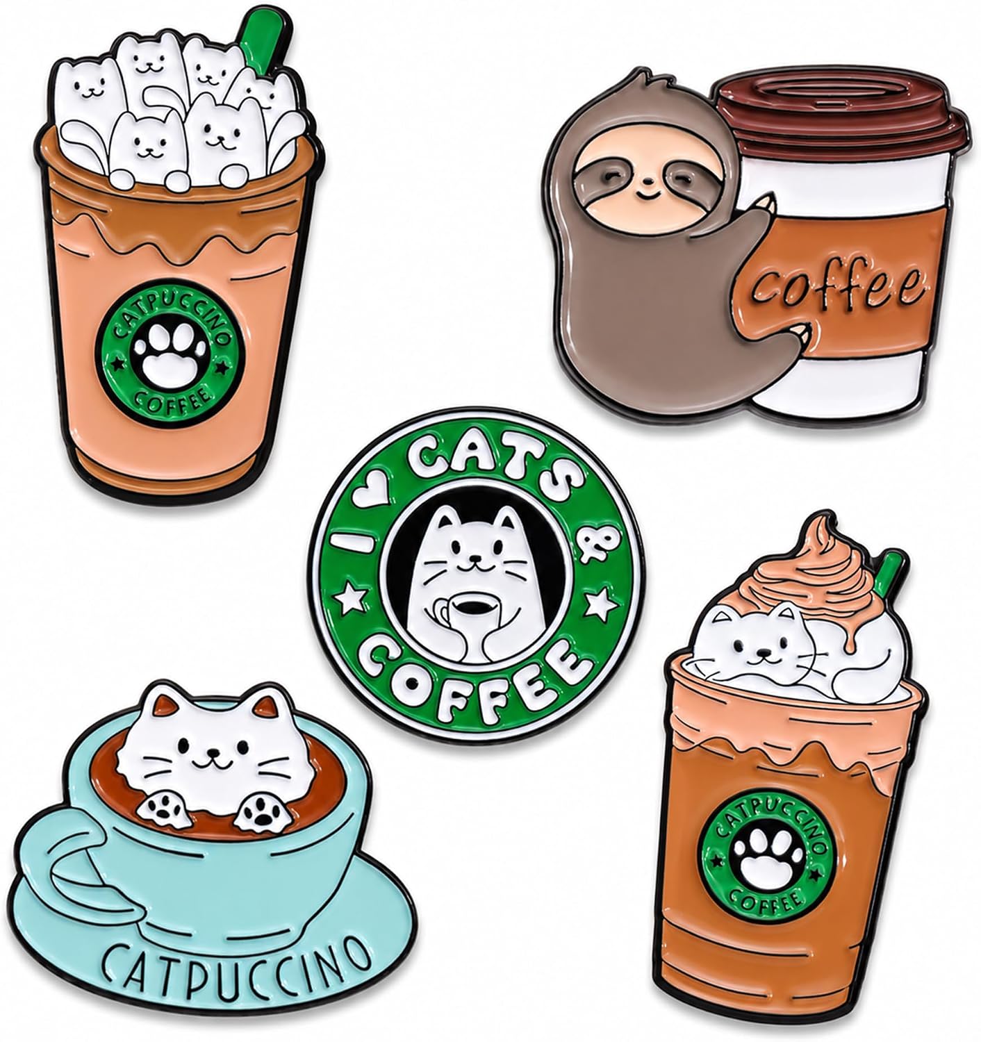 5Pcs Cute Coffee Cat Sloth Enamel Pin Set Cartoon Animal Coffee Cup Brooch Badges, Funny Lapel Pins for Backpacks, Jackets, Bags, Coffee Lover Gift