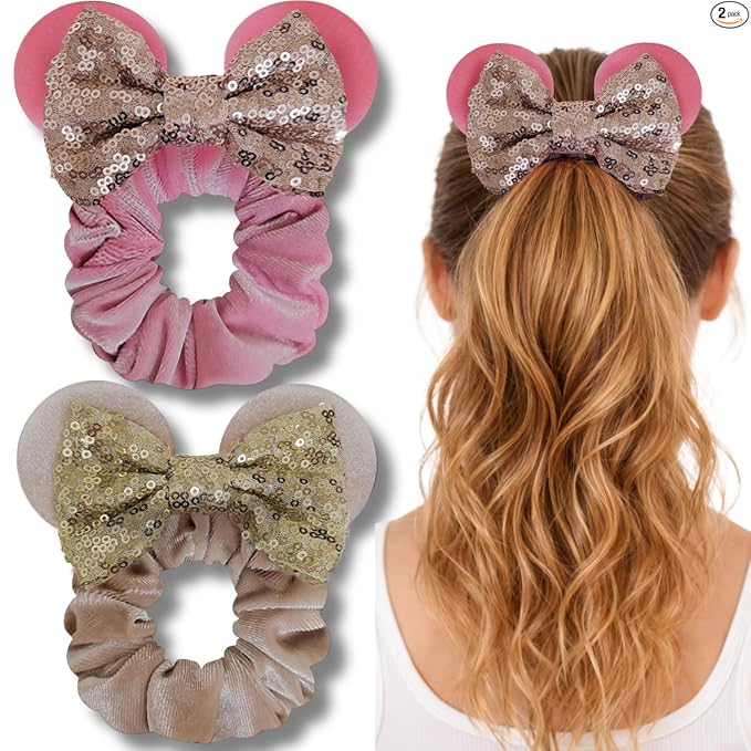 Styla Hair Paquete de 2 coleteros de ratón para niños, de terciopelo, con lentejuelas brillantes, para cola de caballo (rojo y negro)