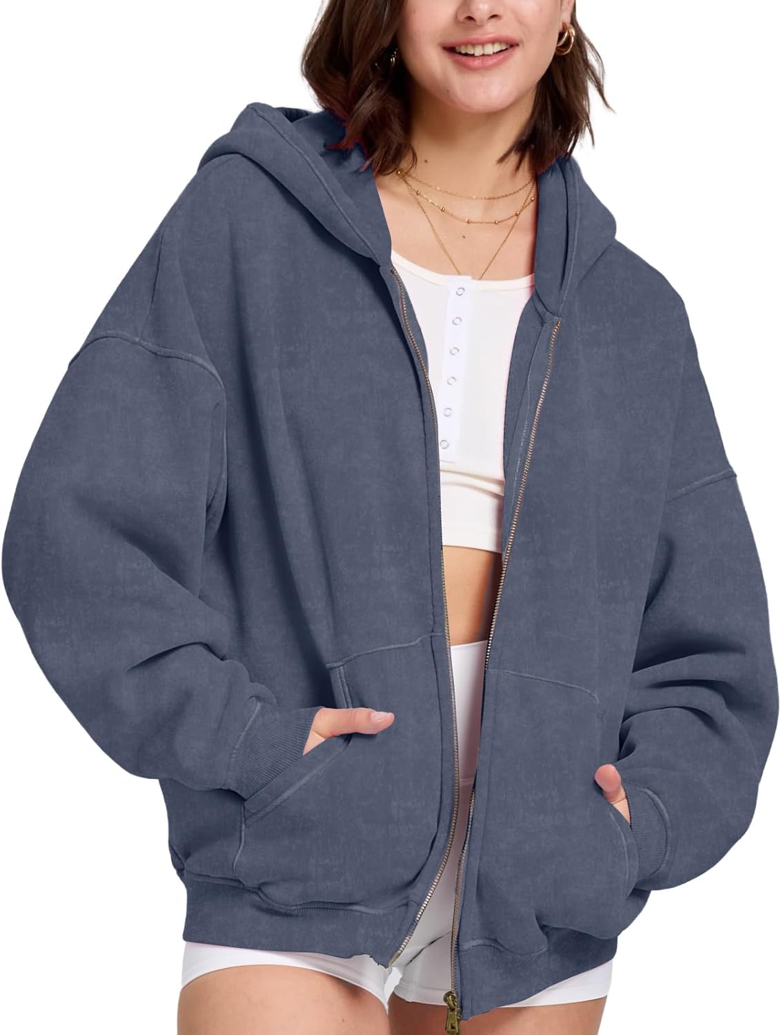 FAIABLE Sudadera con capucha y cremallera para hombre y mujer, de gran tamaño, con lavado ácido, pesada, de algodón, forro polar, con cremallera, estilo vintage