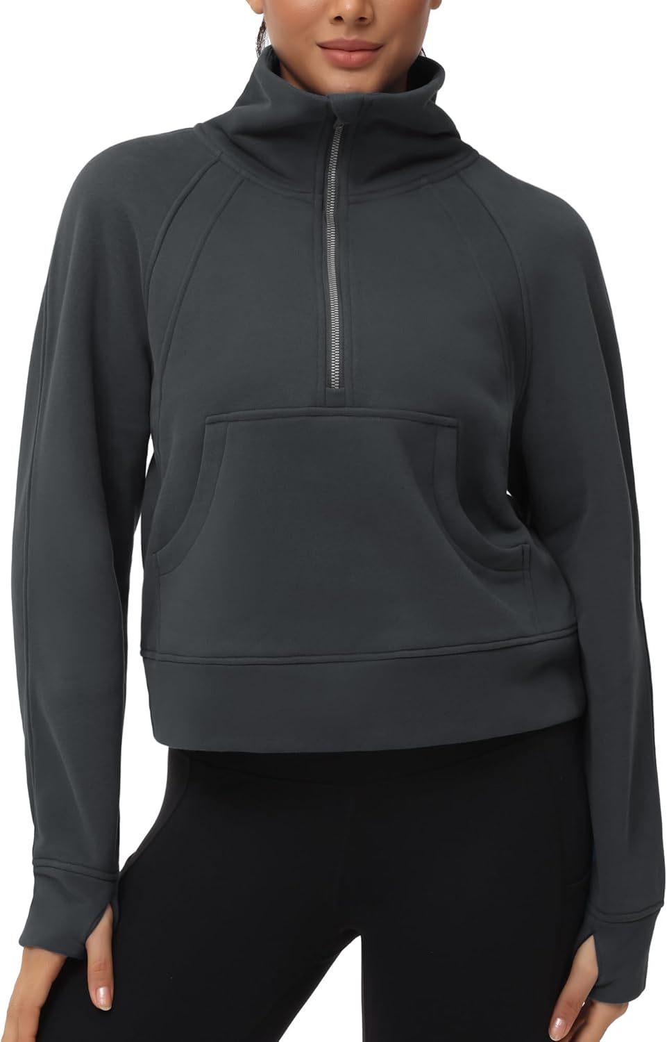 THE GYM PEOPLE Sudadera corta de forro polar con media cremallera para mujer con bolsillos y agujero para el pulgar | Crop sweatshirt with thumb hole, Functional pockets, Fleece Lined, Half zip sweatshirt for work, travel