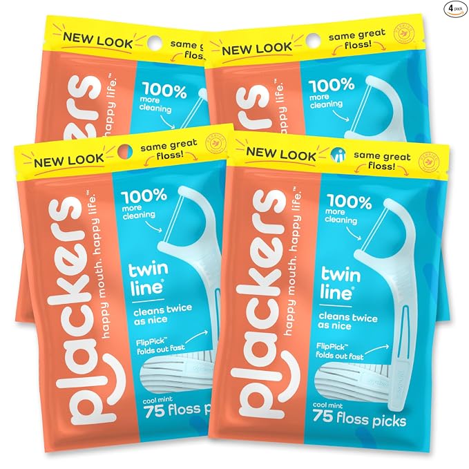 Plackers Twin Line - Púas de hilo dental de doble línea, fácil almacenamiento, sabor a menta fresca, 300 unidades