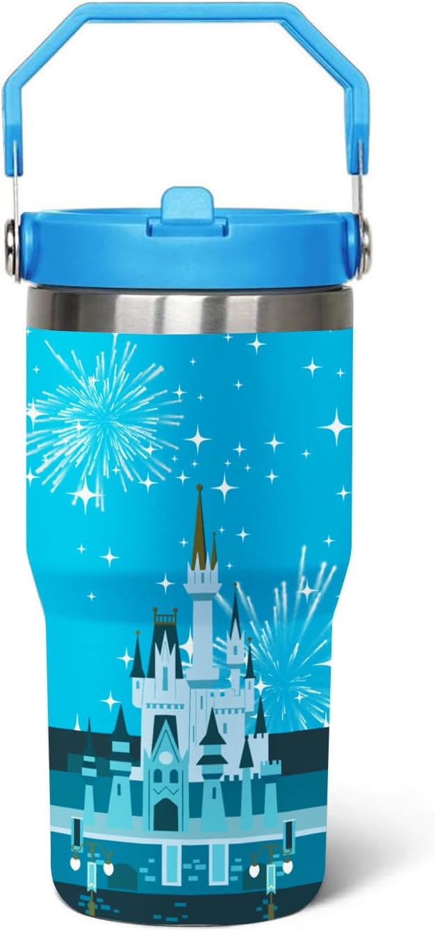 Taza de dibujos animados de ratón de 20 oz con tapa y popote abatible de acero inoxidable aislado con asa superior en la parte superior, color negro, taza de café para viajes - Regalo de