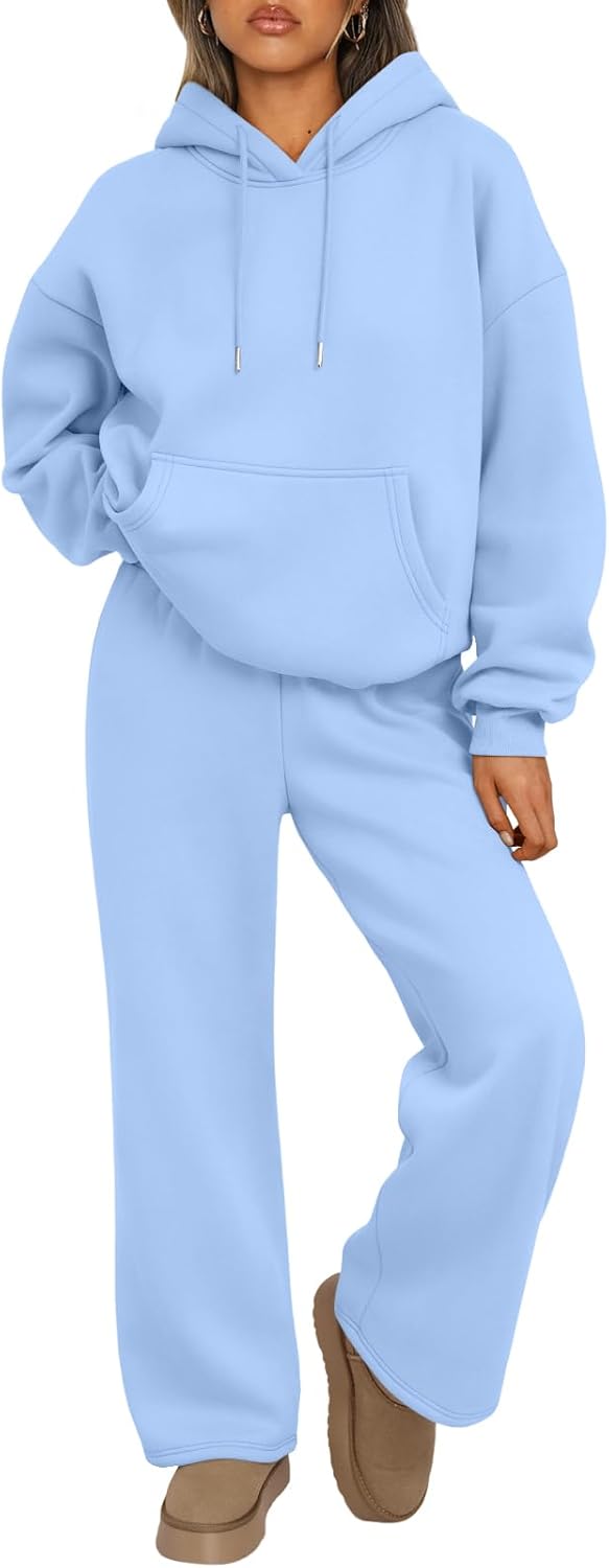 Trendy Queen Conjunto de dos piezas para mujer, ropa de descanso de otoño, conjuntos de moda con sudadera holgada y pantalones de pierna ancha, ropa de invierno | Oversized Drawstring Hoodies&Wide Leg Sweatpants Outfits