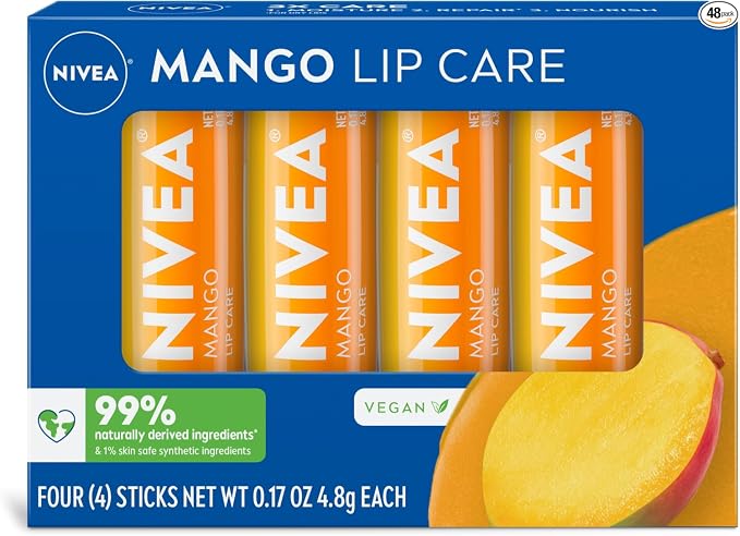 NIVEA Lip Care, Paquete Variado de Bálsamo Labial Tintado Frutal, Sabores a Cereza, Fresa, Mora y Sandía, Humedad, Reparación y Color 3-en-1, Barra de 0.17 Oz, Paquete de 4