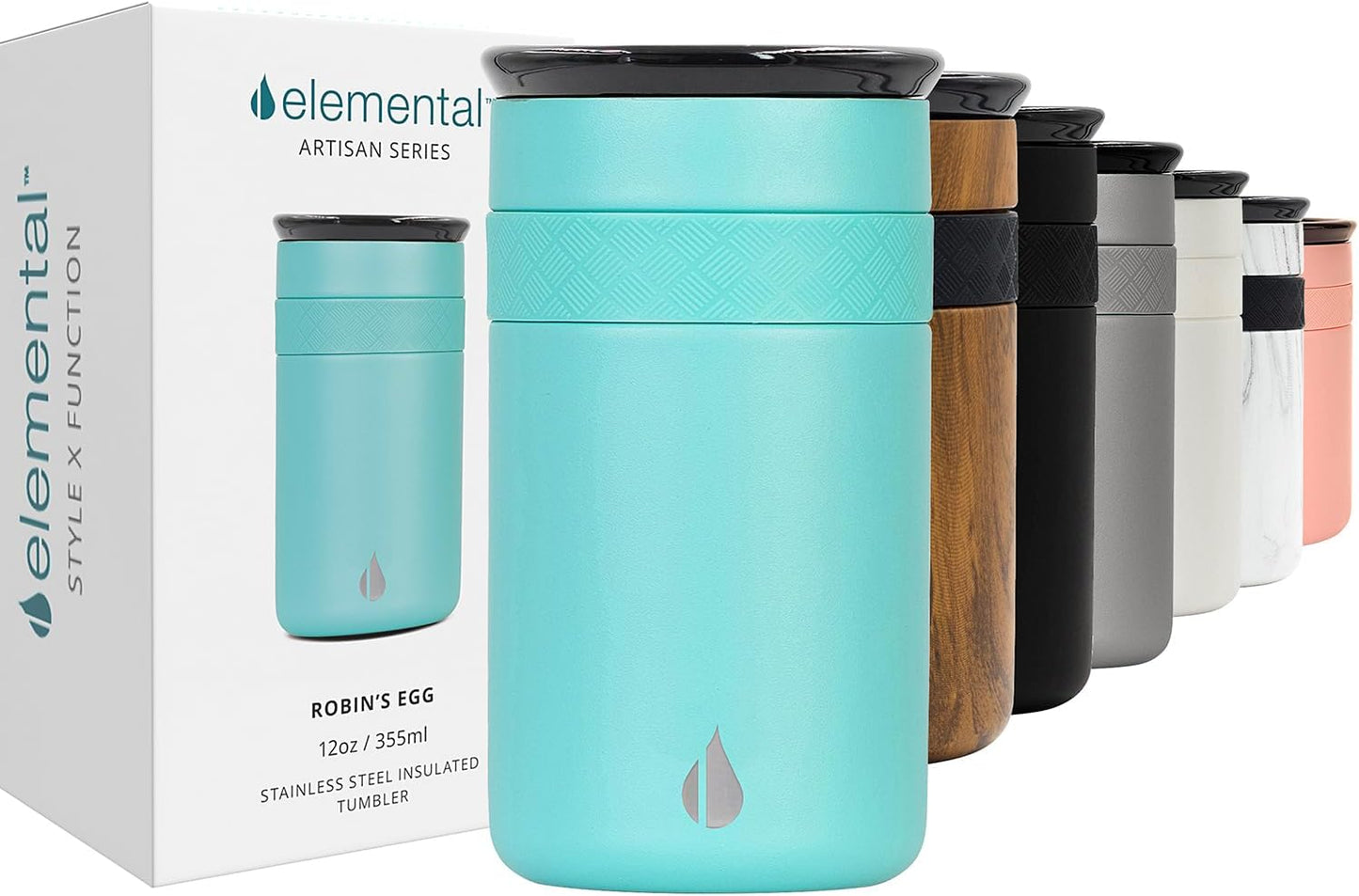 Elemental Vaso aislado artesanal, taza de viaje para café de triple pared, reutilizable, de acero inoxidable, con tapa de cerámica, tazas de café térmicas para bebidas calientes (6 horas) y frías (18 horas), 16 onzas, flores azules