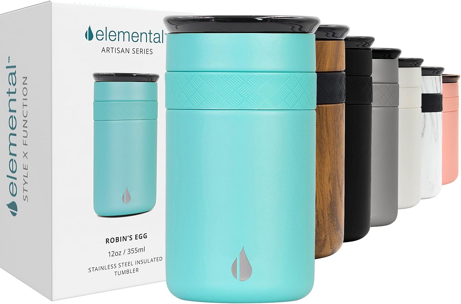 Elemental Vaso aislado artesanal, taza de viaje para café de triple pared, reutilizable, de acero inoxidable, con tapa de cerámica, tazas de café térmicas para bebidas calientes (6 horas) y frías (18 horas), 16 onzas, flores azules