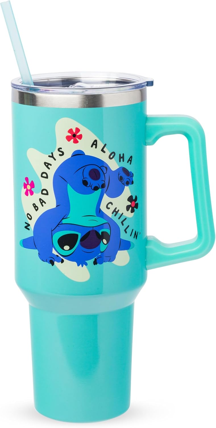 Silver Buffalo Disney Lilo and Stitch - Vaso de acero inoxidable de doble pared con asa y pajilla, diseño vintage, palmeras y flores, se adapta al portavasos estándar, 40 onzas