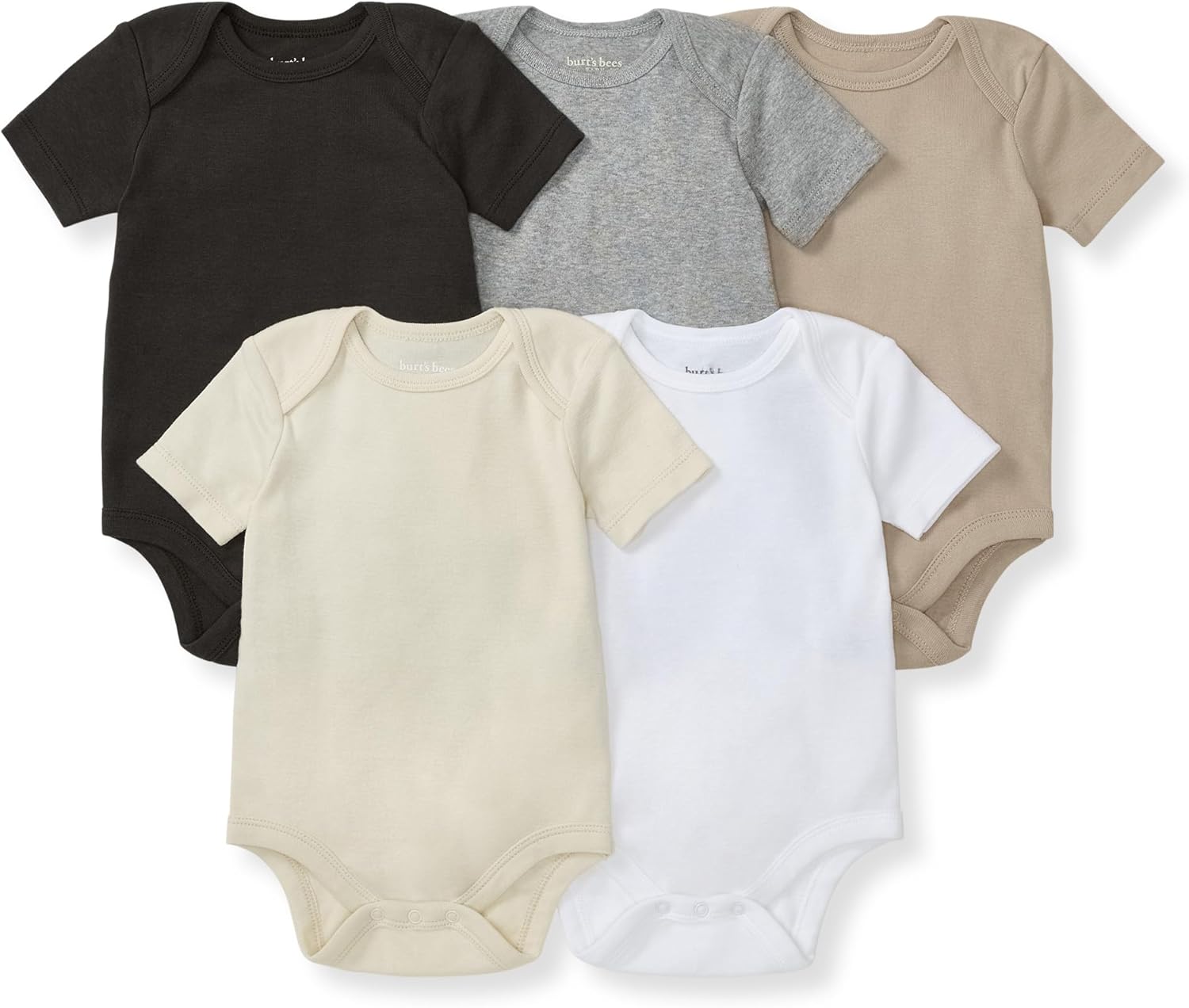 Burt's Bees Baby Body unisex, ropa de dormir orgánica de manga corta, paquete de 5 | Essential baby bodysuit pack featuring an easy-on and off lap-shoulder neck design for stress-free daily outfitting