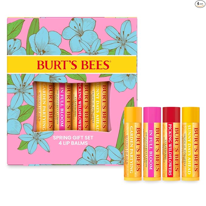 Burt's Bees Gifts Ideas - Juego de bálsamo labial para fiesta de jardín, vainilla lavanda, melocotón dulce, manzana verde, miel de flores silvestres, con cera de abejas de origen responsable, tratamiento labial de origen natural, 0.15 onzas, cuatro tubos
