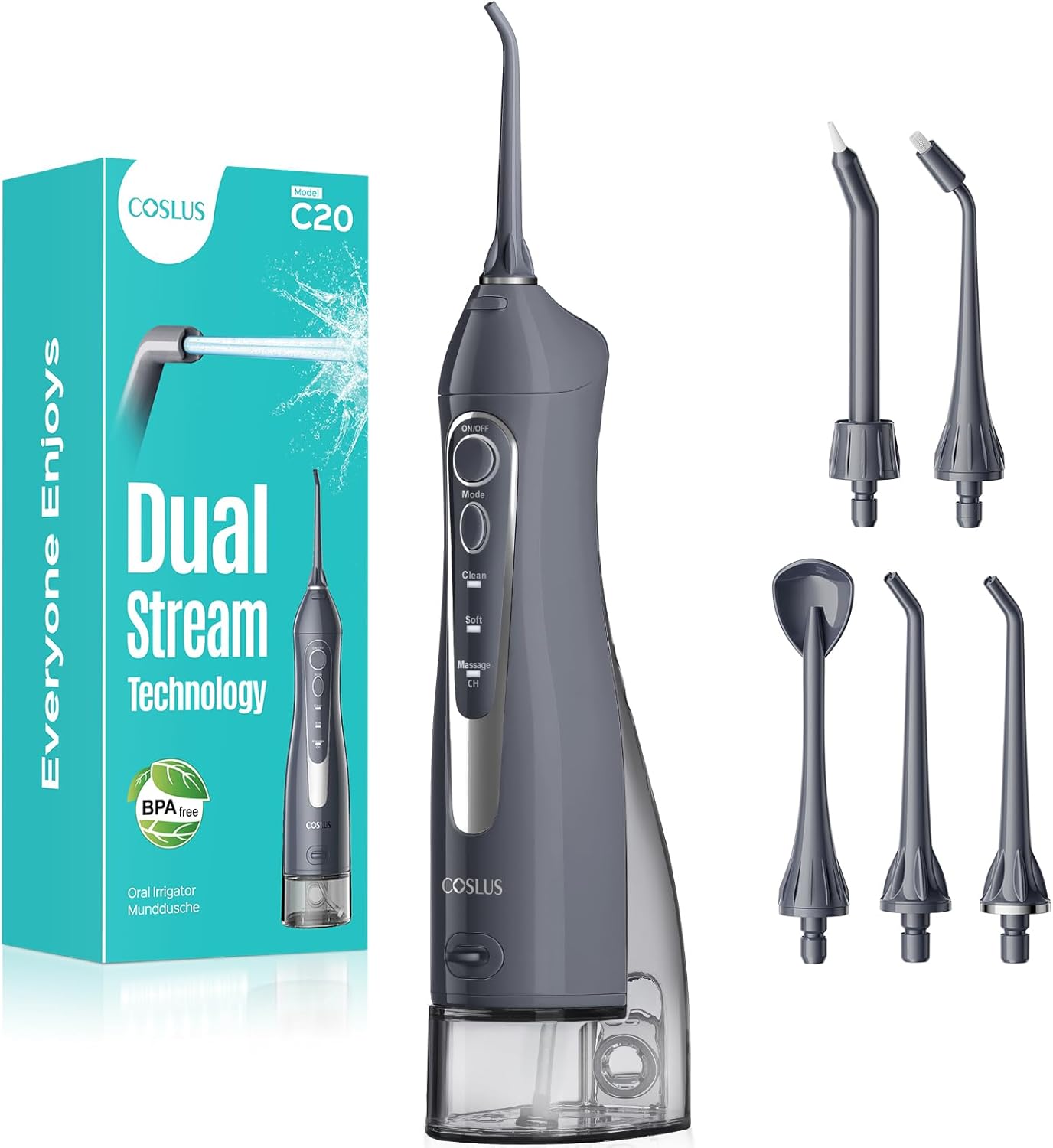 COSLUS ADA Accepted Water Dental Flosser Teeth Pick C20: Portable Cordless Oral Irrigator 300ML Rechargeable Travel Irrigation Cleaner IPX7 Waterproof Electric Flossing Machine, Professional Set Black