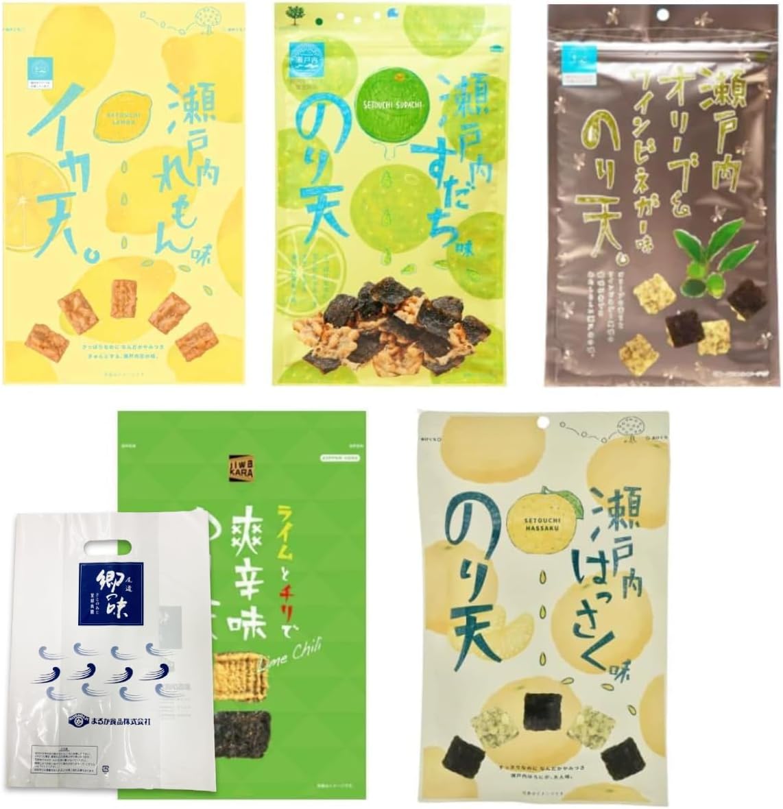 【Maruka Foods Official Online Store】Ika Ten Nori Ten 5-Variety Tasting Set: Ika Ten Seto Inland Sea Lemon Flavor/Asari Butter Flavor Squid Ten/Sudachi Nori Ten/Cheese Nori Ten/Seto Inland Sea Olive