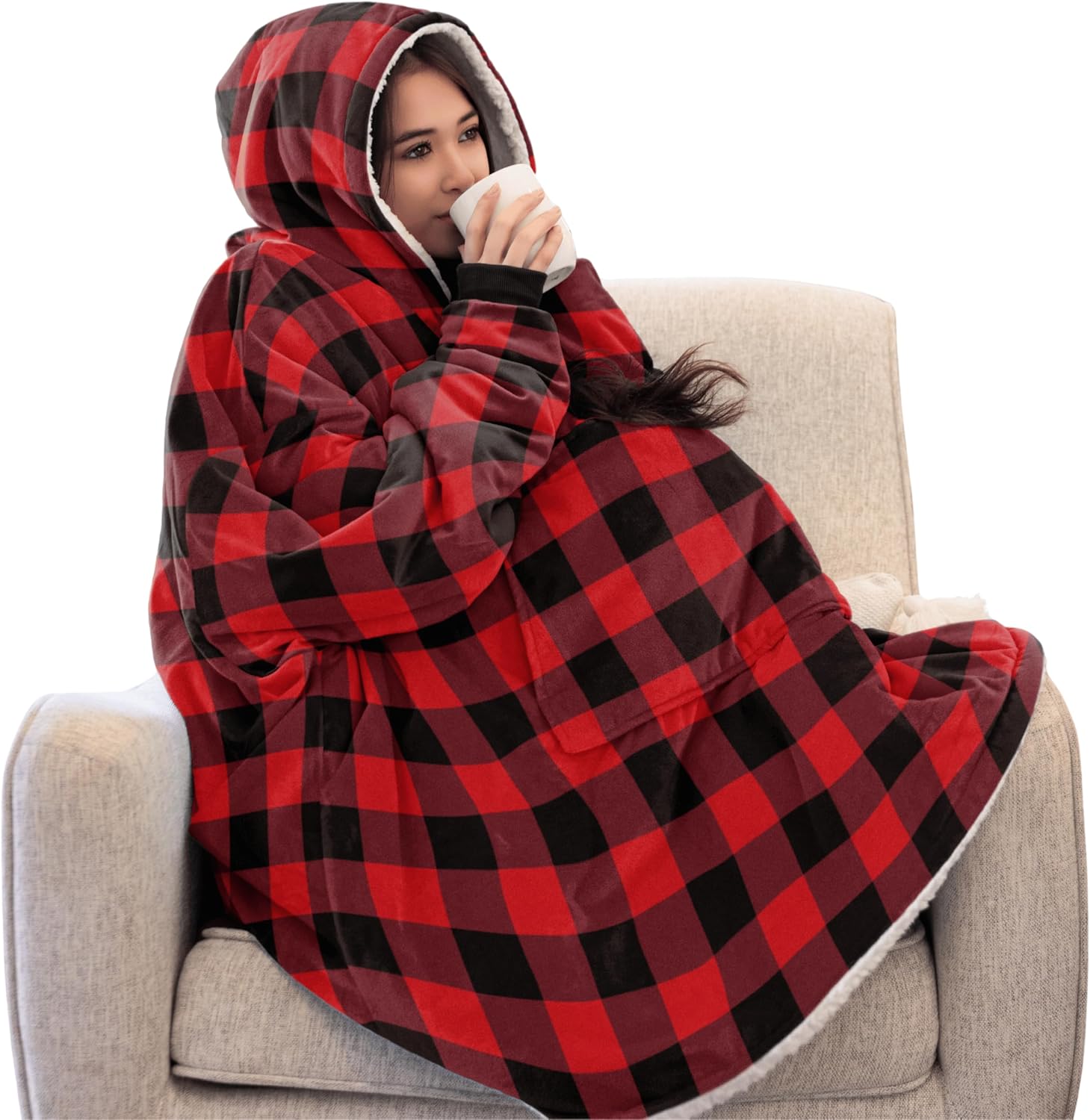 THE COMFY Original - Manta de forro polar de microfibra con forro sherpa, diseño de gran tamaño con capucha y bolsillo de Shark Tank