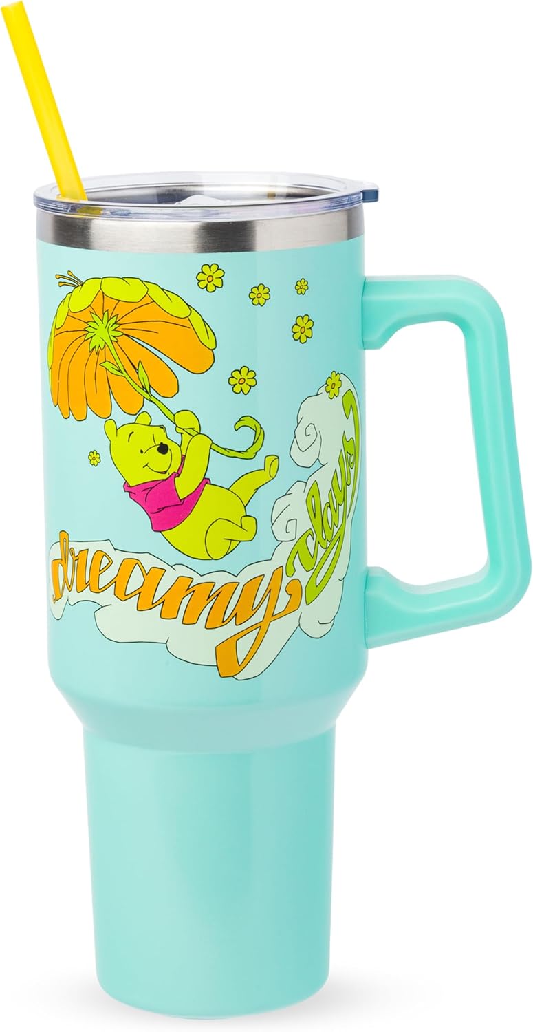 Silver Buffalo Disney Lilo and Stitch - Vaso de acero inoxidable de doble pared con asa y pajilla, diseño vintage, palmeras y flores, se adapta al portavasos estándar, 40 onzas