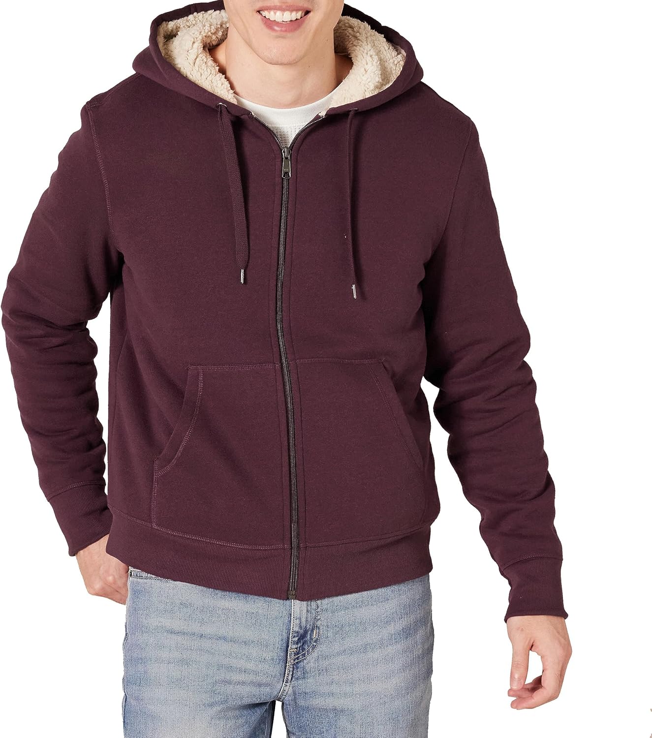 Essentials Sudadera con capucha para hombre, forro de sherpa y cierre completo de cremallera de felpa