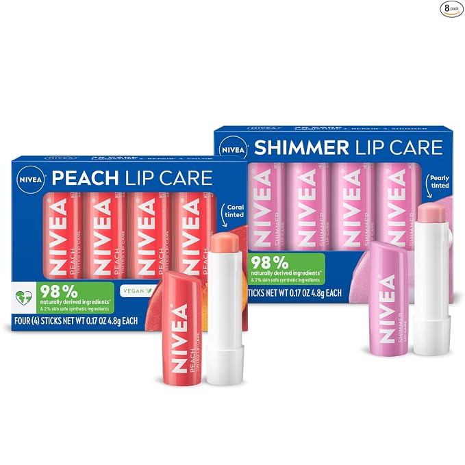 NIVEA Lip Care, Paquete Variado de Bálsamo Labial Tintado Frutal, Sabores a Cereza, Fresa, Mora y Sandía, Humedad, Reparación y Color 3-en-1, Barra de 0.17 Oz, Paquete de 4